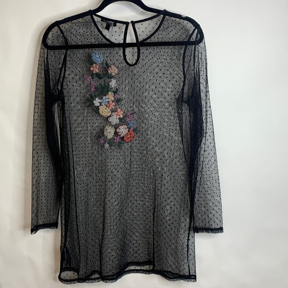 Guess Black Sheer Mesh Mini Dress with Multicolor Floral Embroidery - Picture 2 of 4